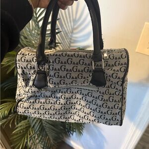 Canvas Satchel Bag with Monogram Print - Black & White